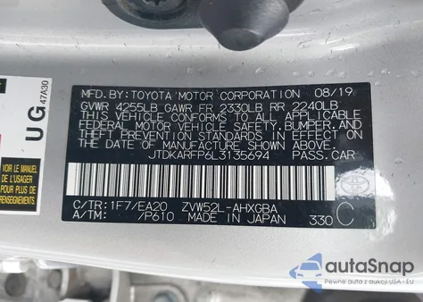 2020 Toyota Prius Prime Xle из США, поврежденный, VIN JTDKARFP6L3135694